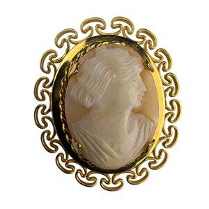 Vintage Cameo Brooch Gold Tone Oval White Stone Intricate Filigree Setting